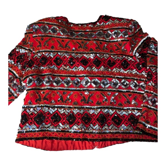 Laurence Kazar Vintage size L red and black sequined long sleeved jacket - Picture 10 of 12